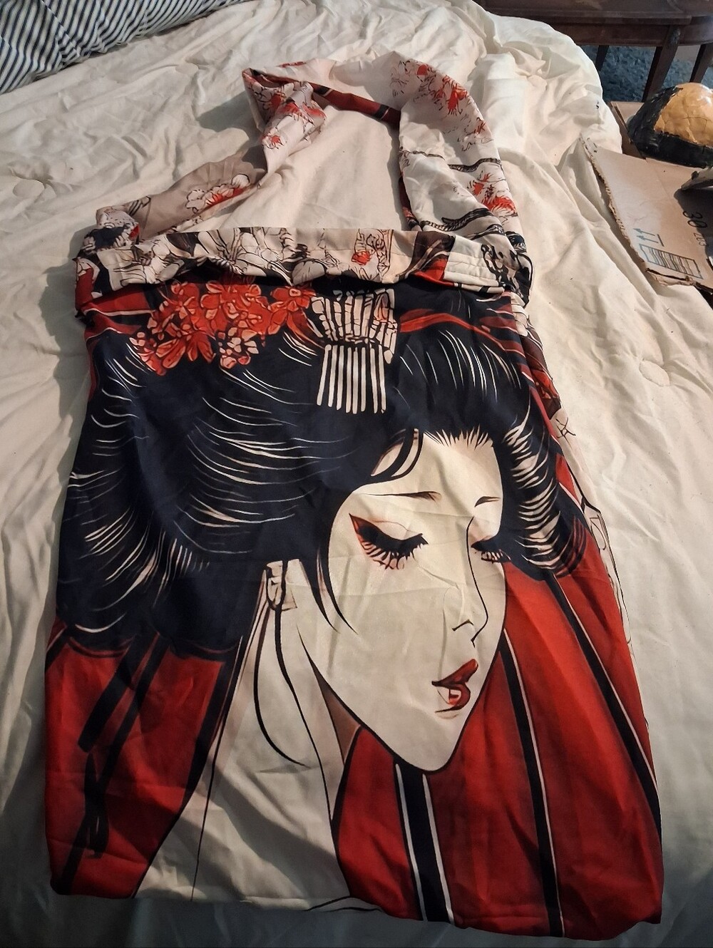Hand Sewn Women’s Red and Black Graphic Beach Bag Or Picnic Bag. Geisha Portrait